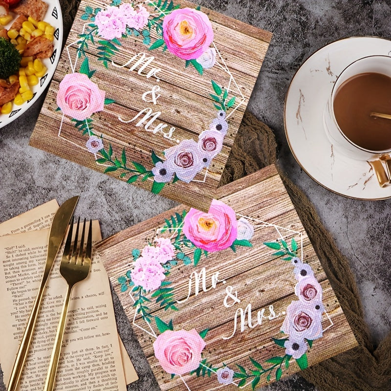 20pcs Rustic Wooden Wedding Tea Party Pink Floral Mr And Mrs Paper Napkins