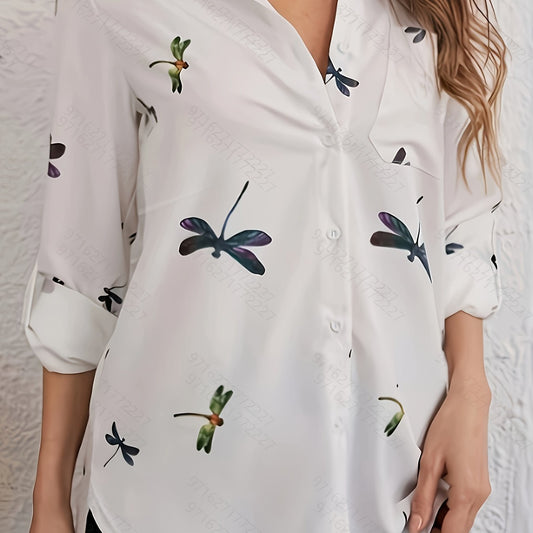  Dragonfly Print Button Up Roll Up Sleeve Blouse