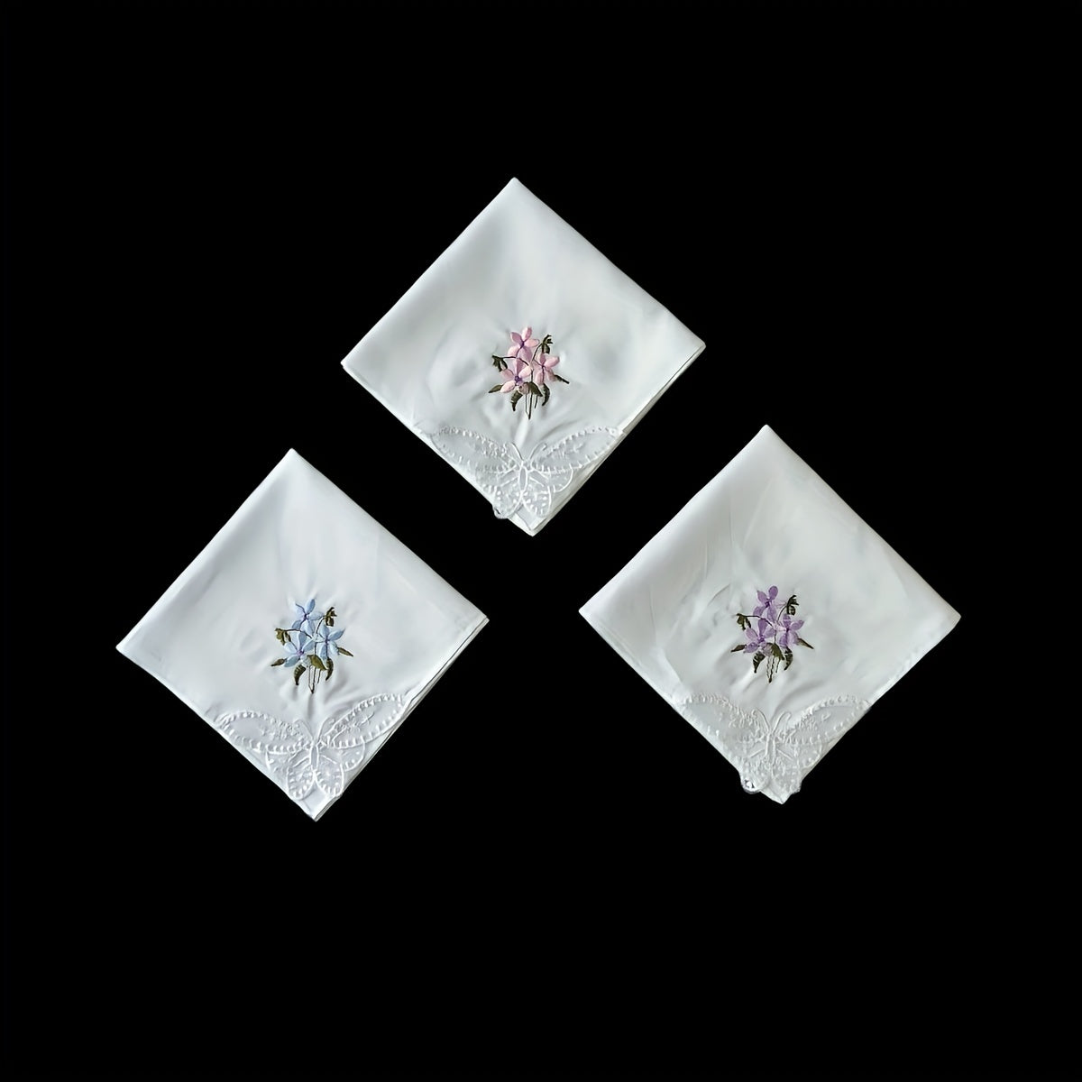 3PCS 60S Embroidered Handkerchief Lace Butterfly Wedding Hankies