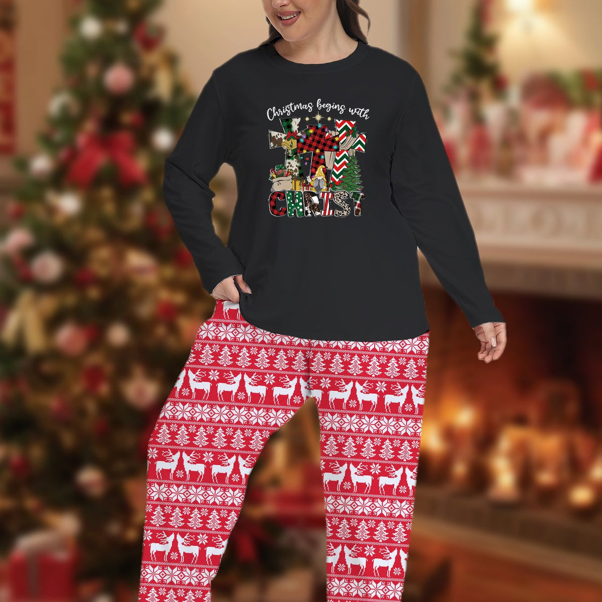 Women's Plus Plaid Tee & Striped Pants Lounge Set