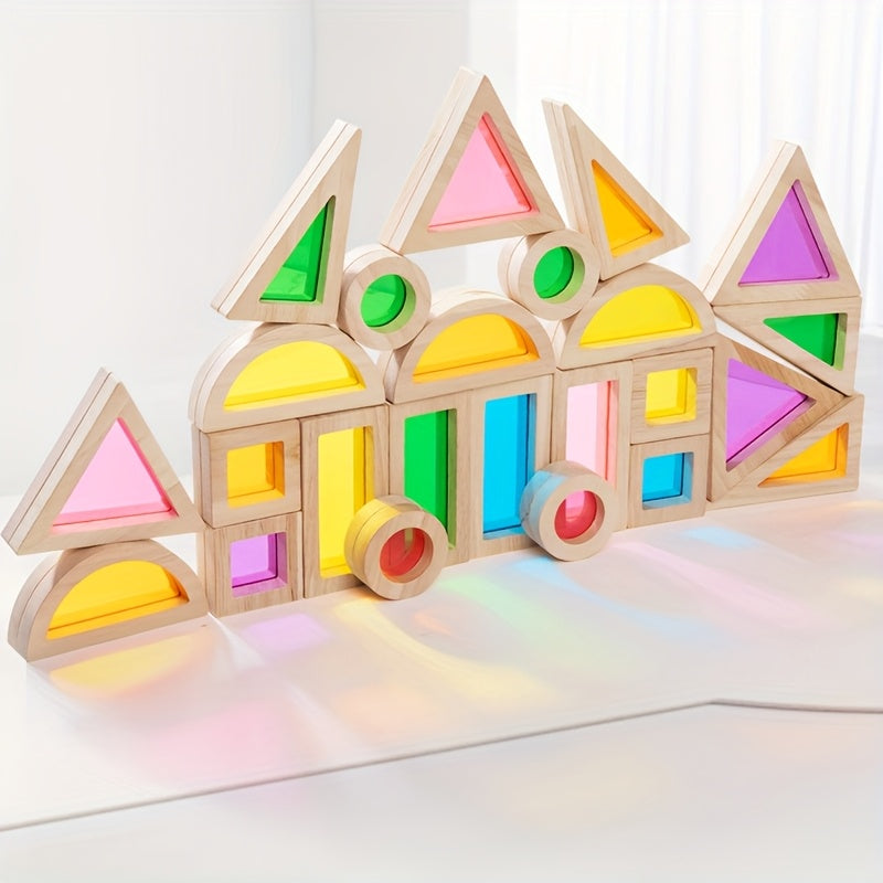 Wooden Building Blocks Castle Construction Toy Set with Light Up Pieces