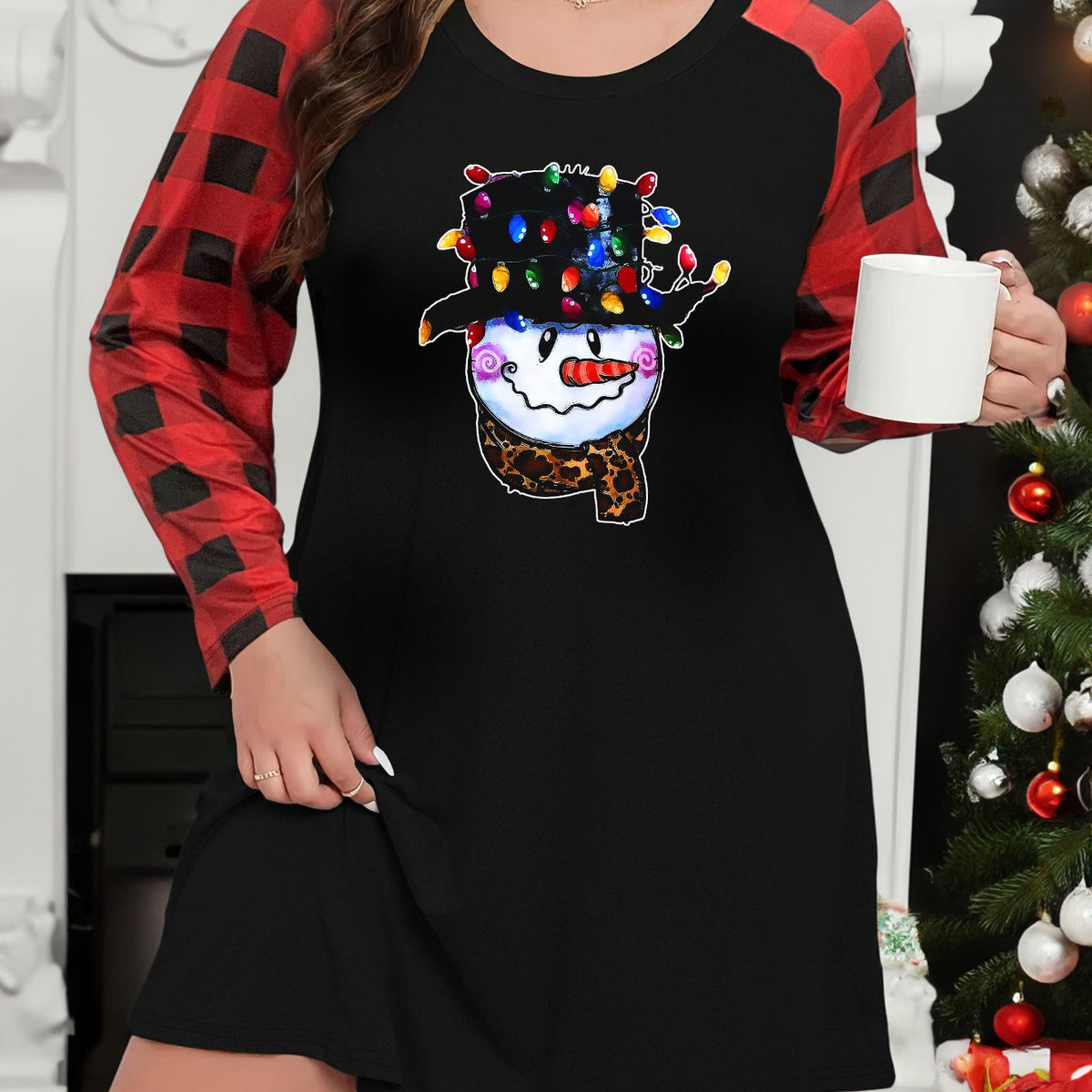 Xmas Lounge Dress Women's Plus Snowman & Lights Plaid Raglan Sleeve