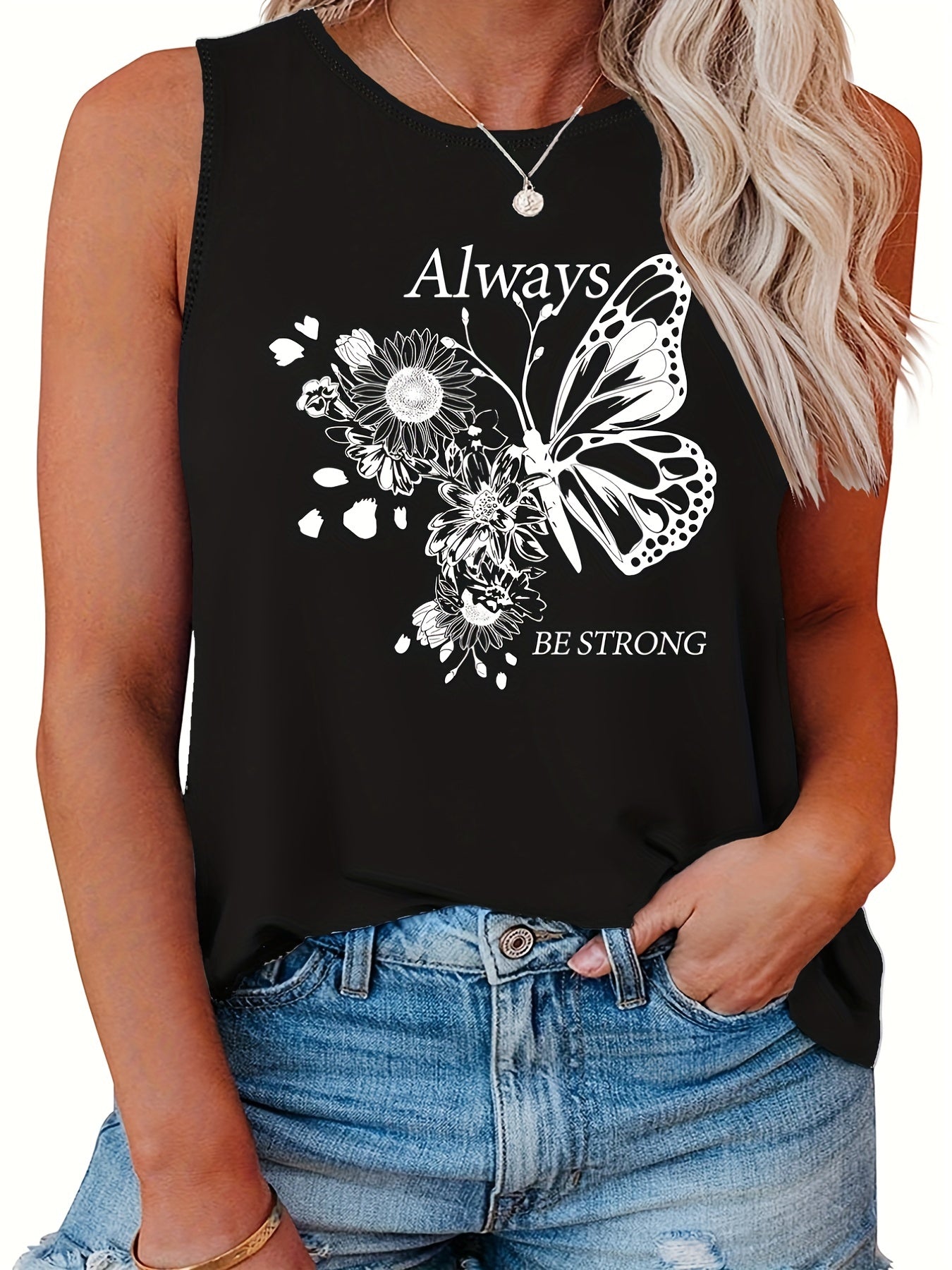  Butterfly Print Tank Top Stretch Sleeveless Tee