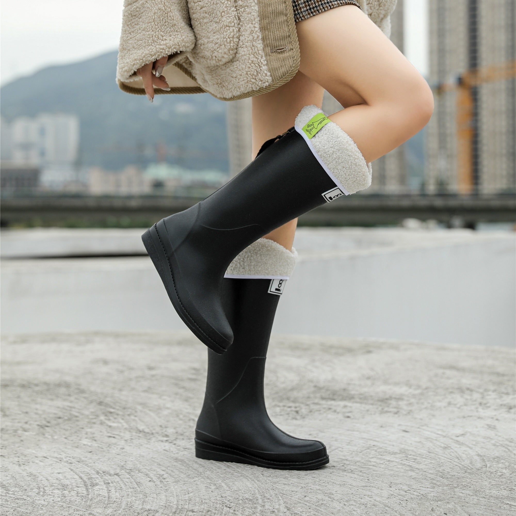 Women's Platform Fleece Liner Rain Boots Slip on Round Toe Waterproof High Boots