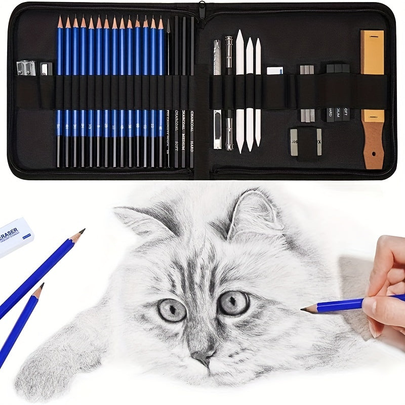 33-Piece Pro Drawing Kit Sketching Pencils Set Travel Case Charcoal Stick