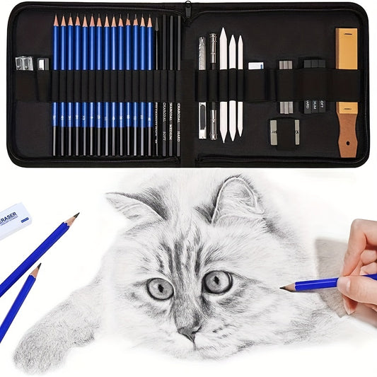 33-Piece Pro Drawing Kit Sketching Pencils Set Travel Case Charcoal Stick