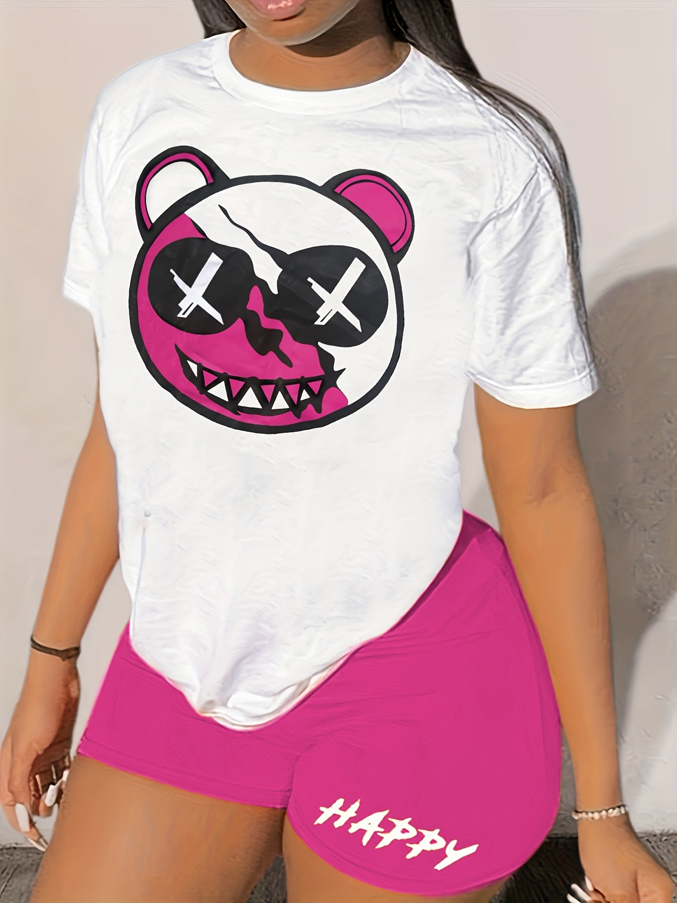  Colorblock Bear Print Crop Top & Shorts Set