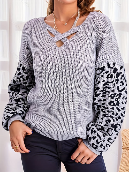  Leopard Print V Neck Pullover Sweater