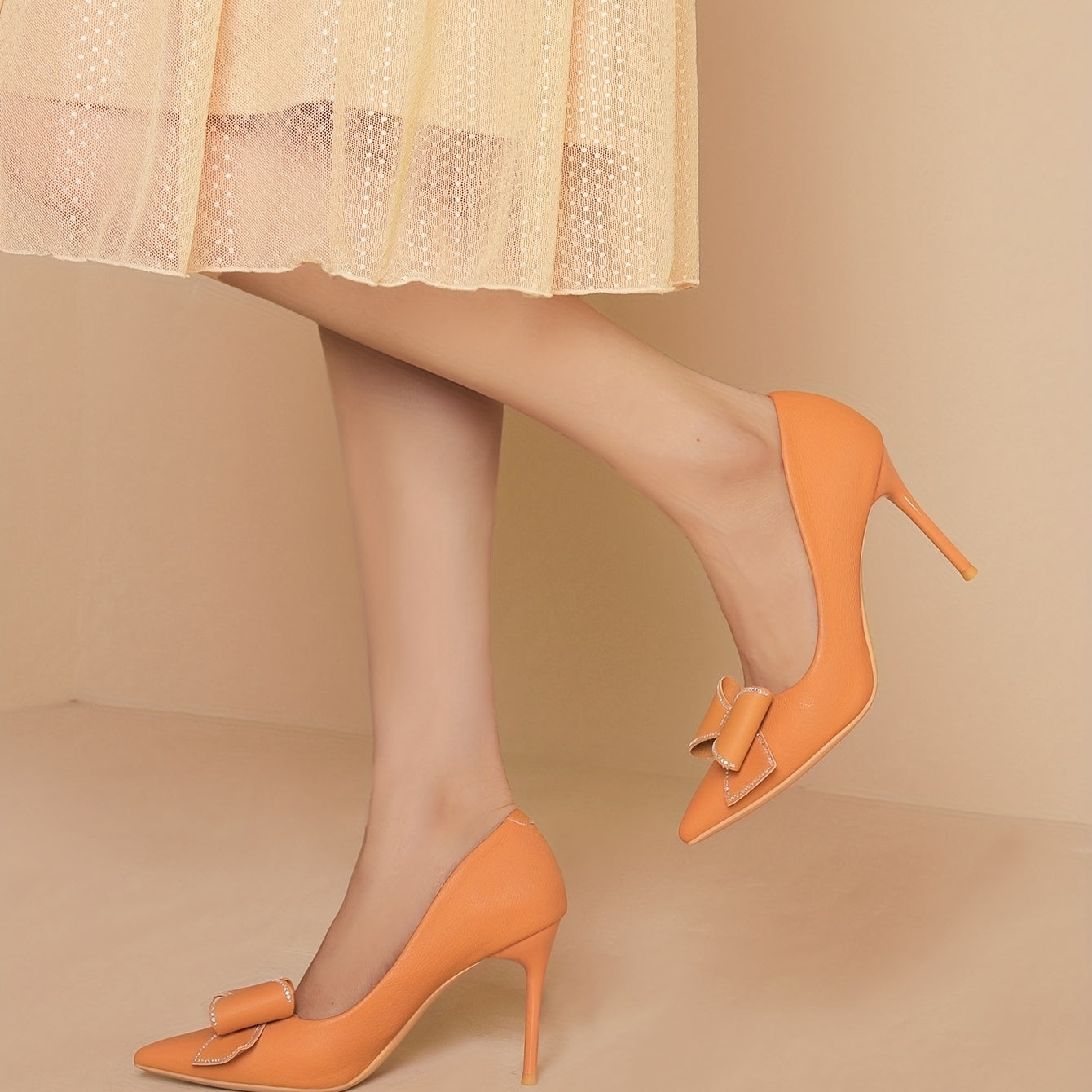 Women's Orange Bowknot Stiletto Heels Point Toe Wedding Pumps Slip On Heels