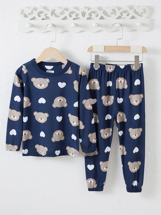 Heart Bear Print Baby Pajamas Set Top & Pants Crew Neck Long Sleeve Cotton