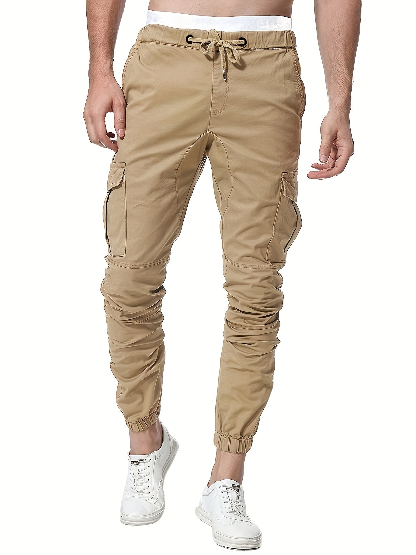 Solid Men's Drawstring Cargo Pants Flap Pocket Jogger Pants
