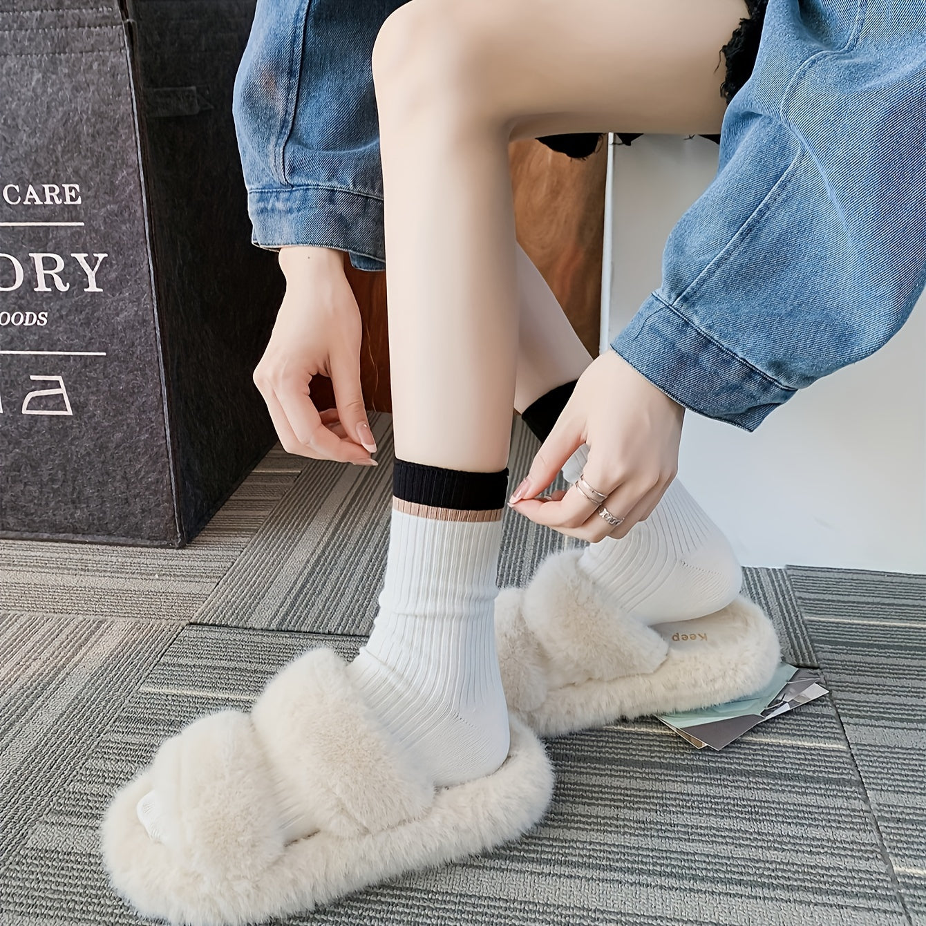 Colorblock Stripe Print Ribbed Socks Mid Tube Stockings