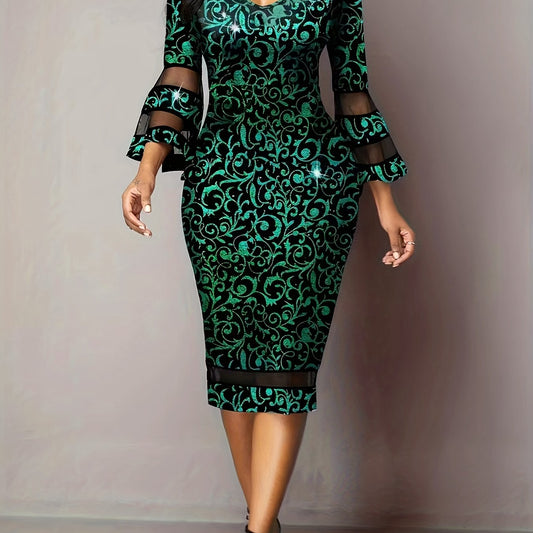  Braque Print Contrast Mesh Trumpet Sleeve Party Dress