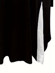  Colorblock Button Long Sleeve Dress With Pockets