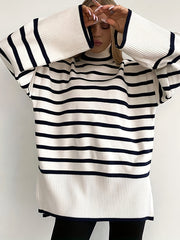  Stripe Print Long Sleeve High Neck Sweater