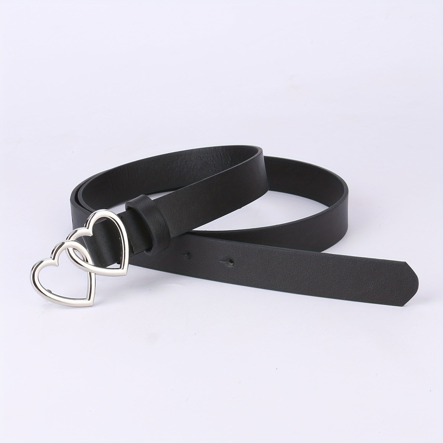 PU Leather Thin Belt Double Heart Metal Buckle Jeans Dress Coat Belts