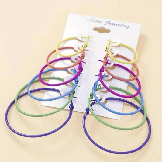 6pairs Exaggerated Hoop Earrings Set For Girls Rainbow Golden Silver