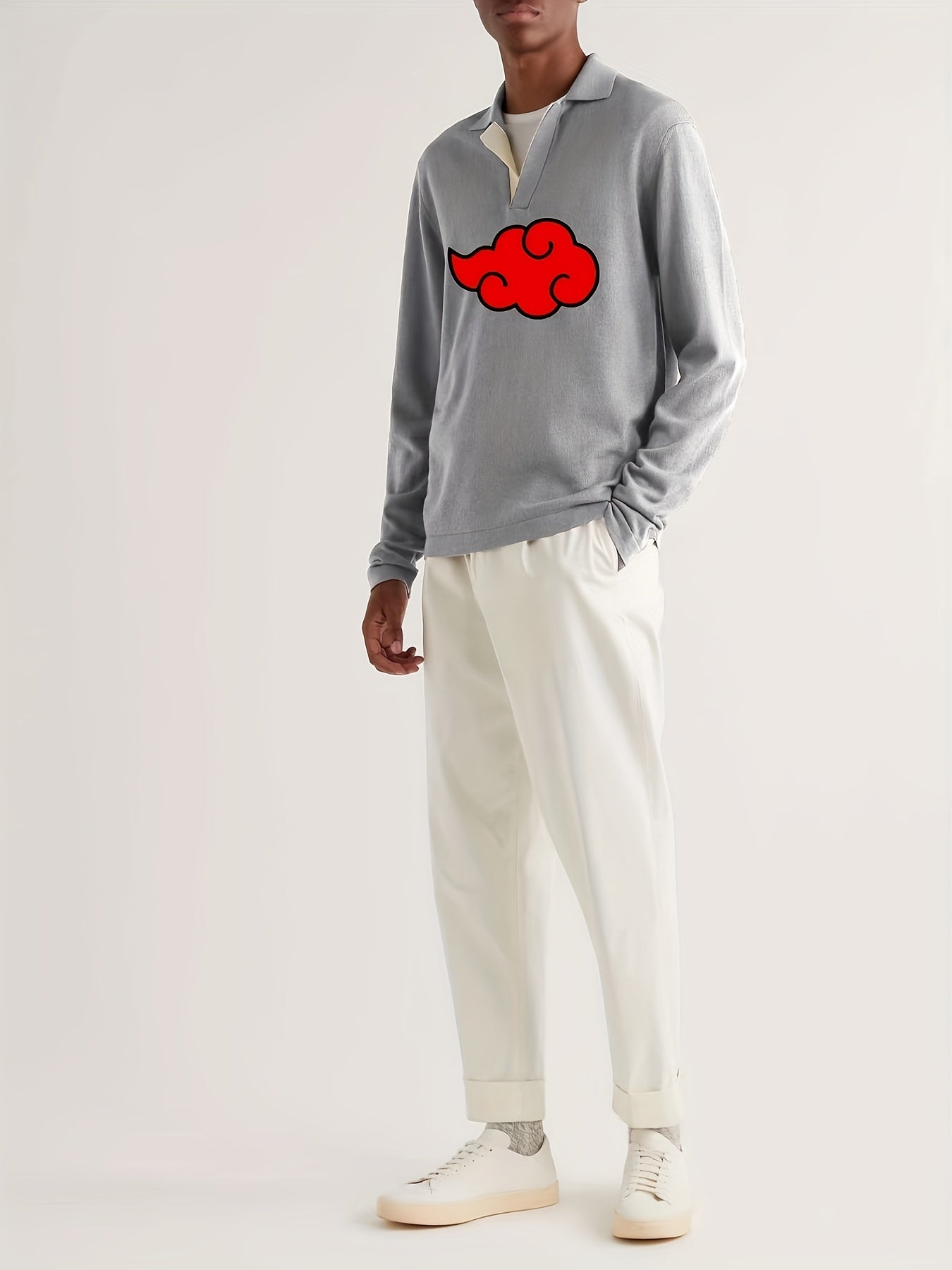 Anime Cloud Pattern Polo Sweater Men's Warm V Neck Pullover For Fall Winter