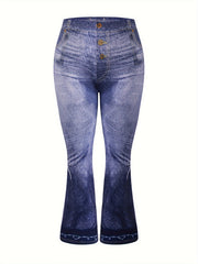  Denim Print High Rise Flare Leg Pants