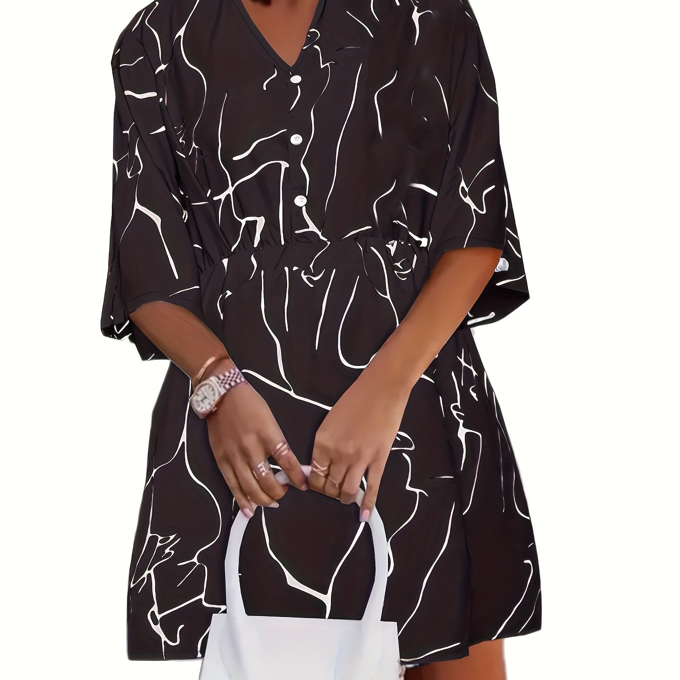  Abstract Stripe Print Button Up V Neck Loose Fit Mini Dress