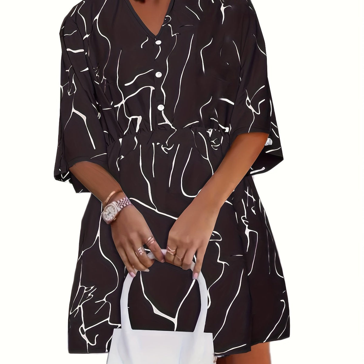  Abstract Stripe Print Button Up V Neck Loose Fit Mini Dress