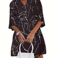  Abstract Stripe Print Button Up V Neck Loose Fit Mini Dress