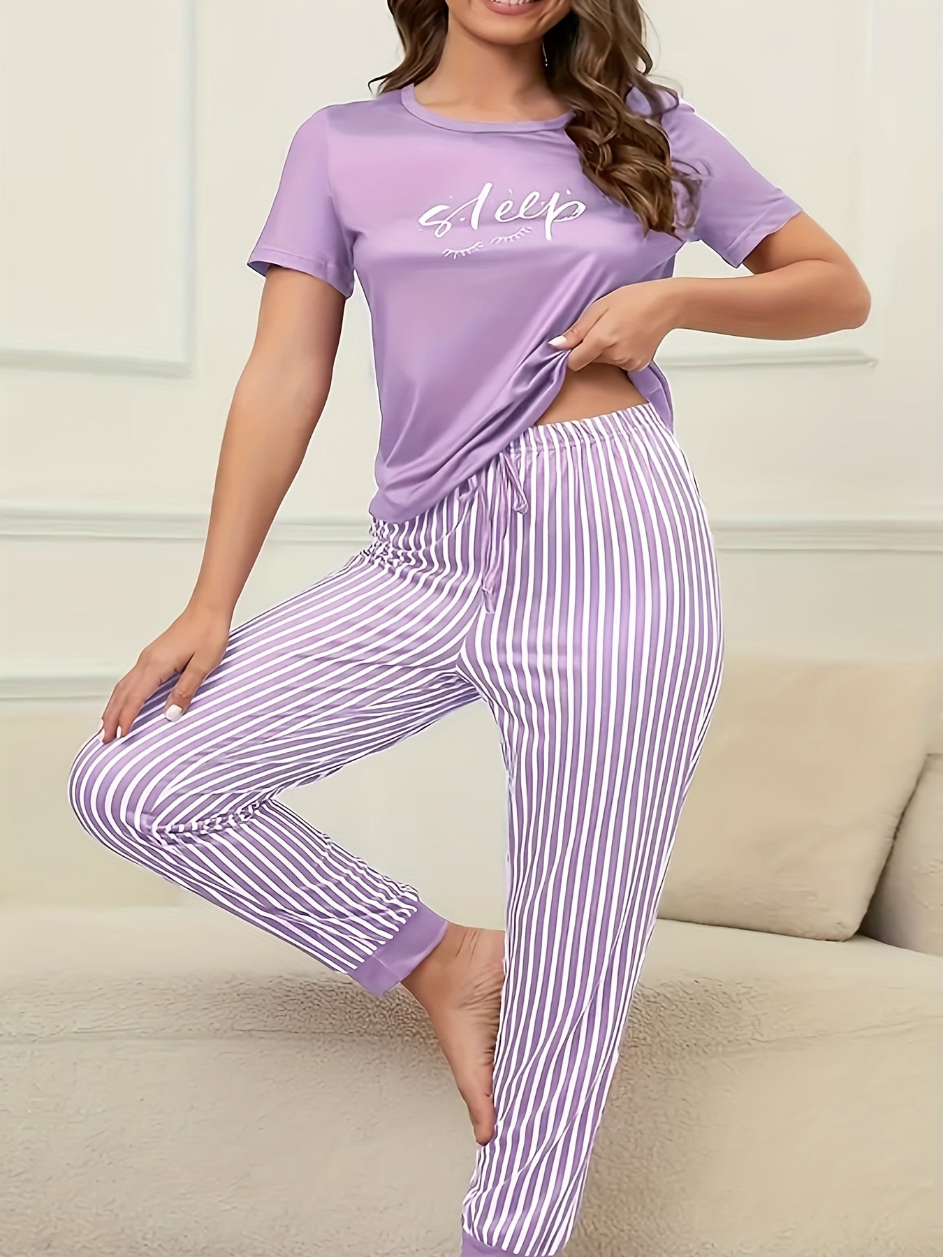  Eyelash Letter Print Tee & Striped Joggers 2 Piece Lounge Set