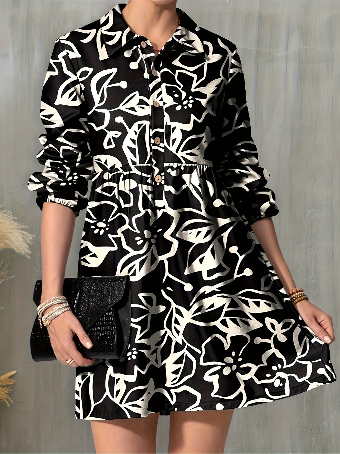  Floral Print Button Up Lantern Sleeve Mini Shirt Dress