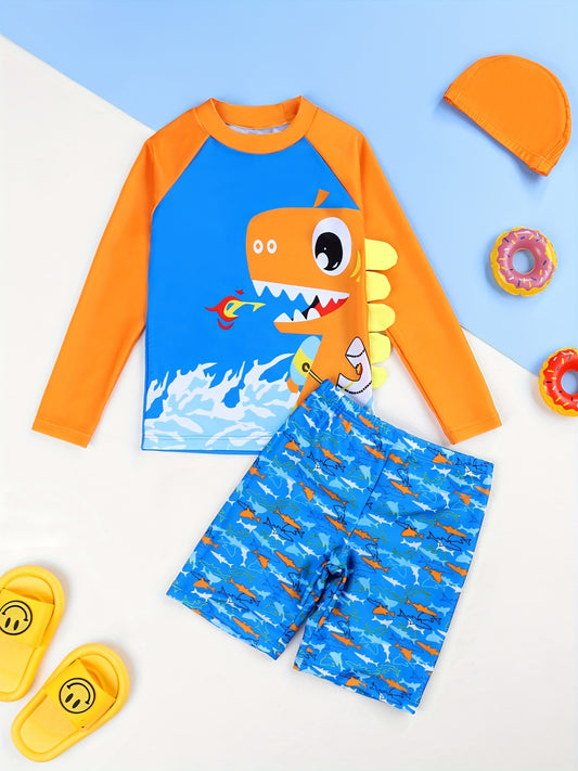 Boys Cartoon Shark Long Sleeve T shirt & Shorts Set Swimsuit