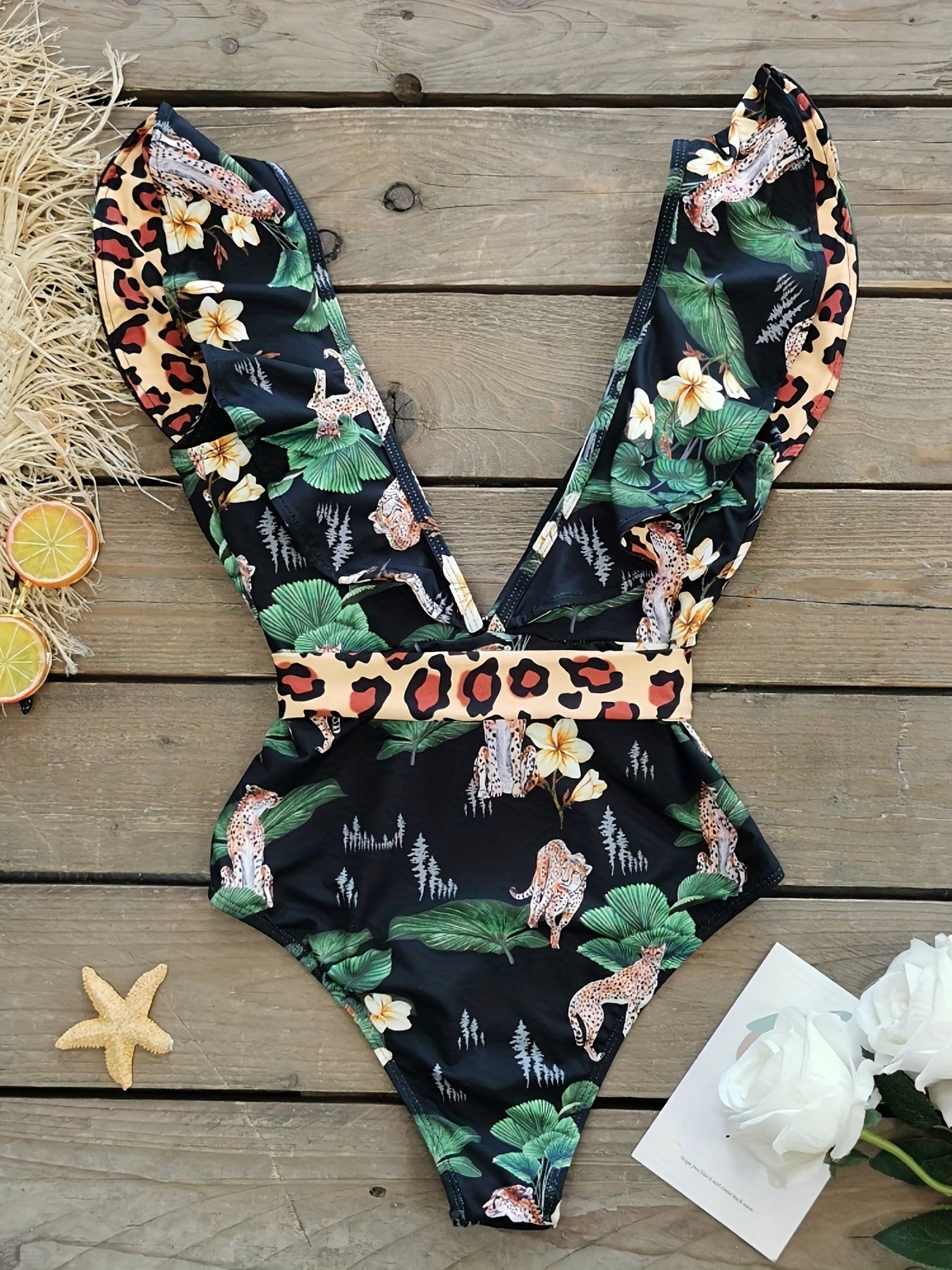 Leopard Print Ruffle Trim Tie Belt One Piece Swimsuit