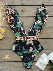 Leopard Print Ruffle Trim Tie Belt One Piece Swimsuit