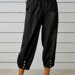 Button Front Drawstring Pants with Dual Pockets