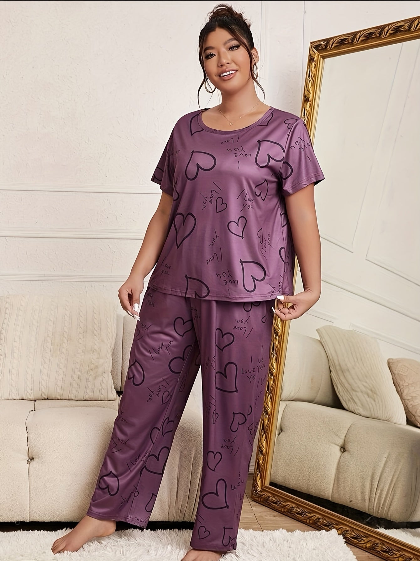  Heart & Letter Print Tee & Pants Set