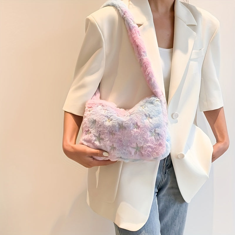 Star Pattern Shoulder Bag Plush Multicolor Square Bag Zipper Closure