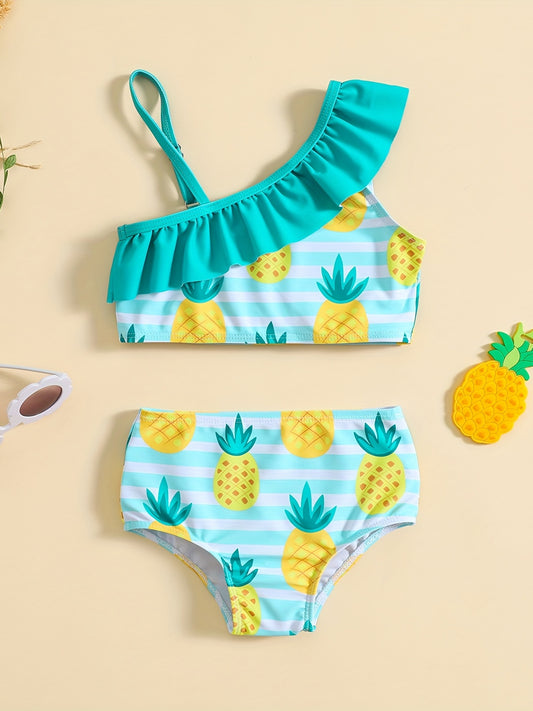 Girls One Shoulder Ruffled Top & Pineapple Graphic Shorts Swimsuit Set
