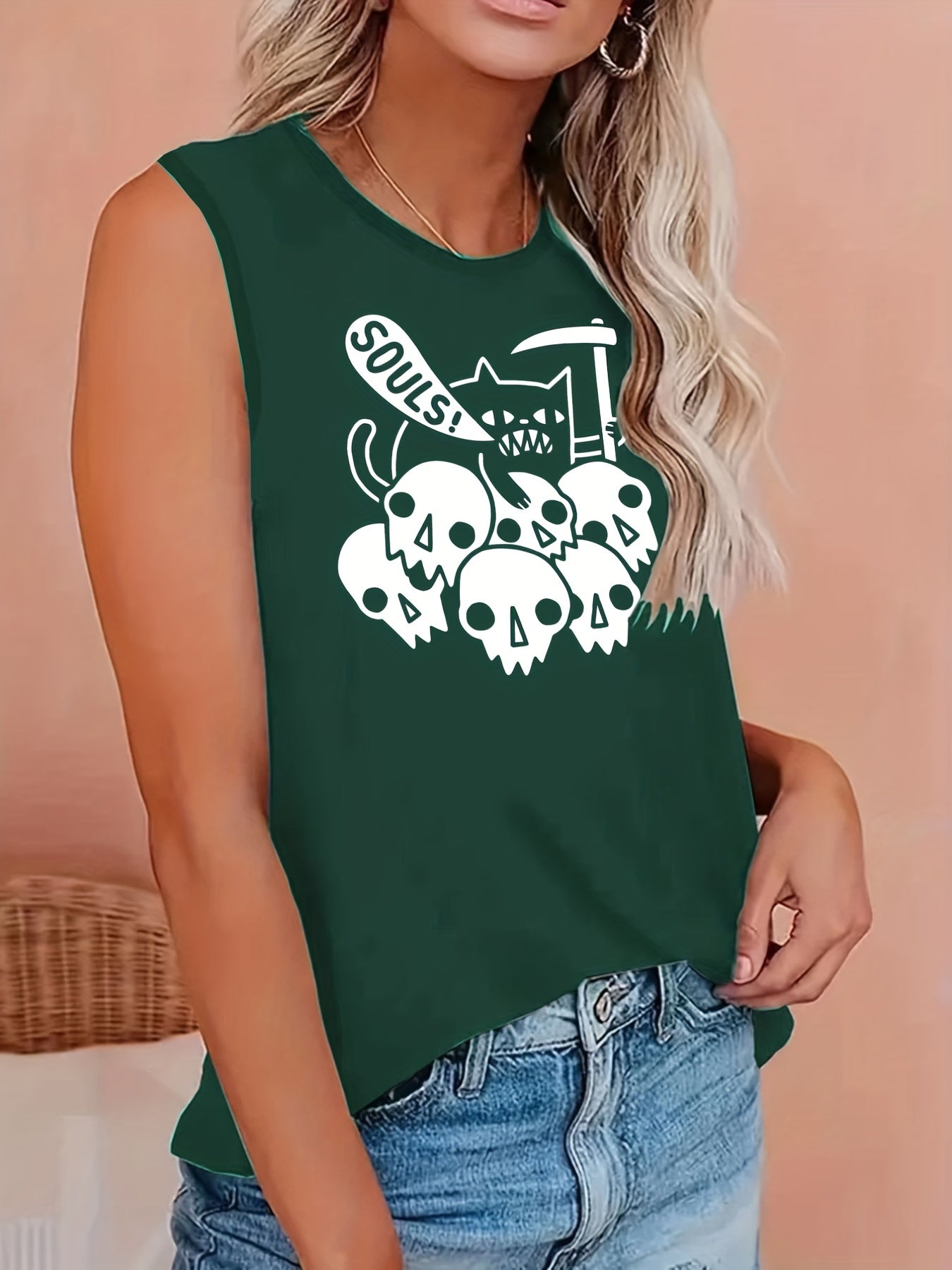  Skull Print Round Neck Tank Top