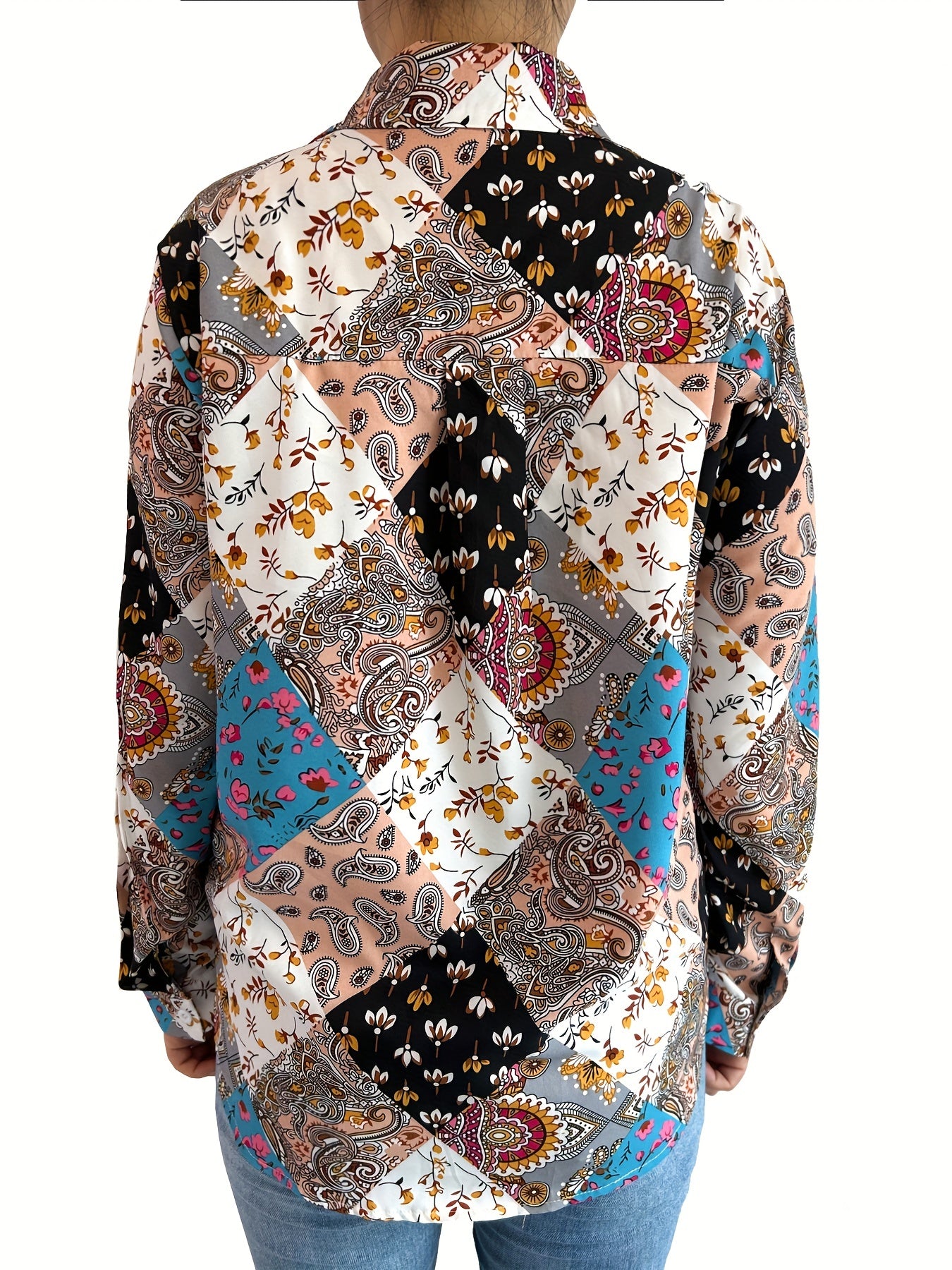  Boho Blouse Women's Plus Paisley Print Button Up Long Sleeve Blouse