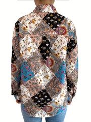 Boho Blouse Women's Plus Paisley Print Button Up Long Sleeve Blouse