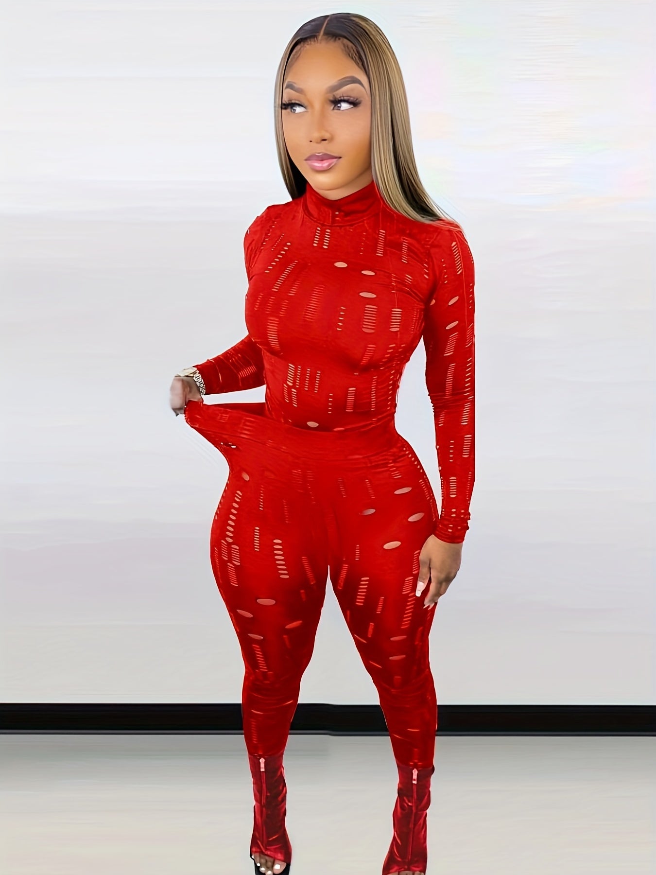 Sexy Cut Out 2pc Set Mock Neck Top & Skinny Pants Outfit