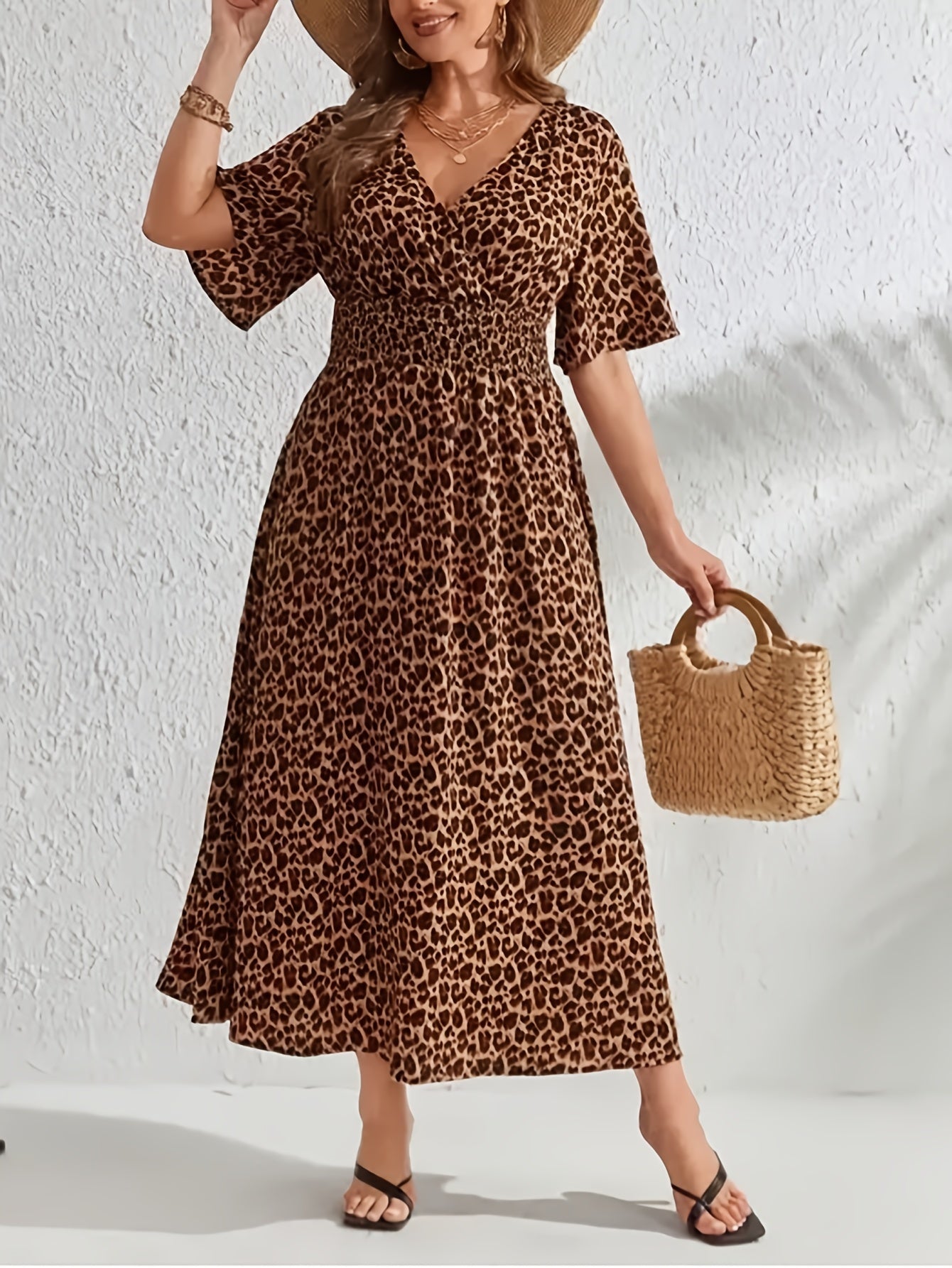  Women's Leopard Print Wrap Dress with V Neck
