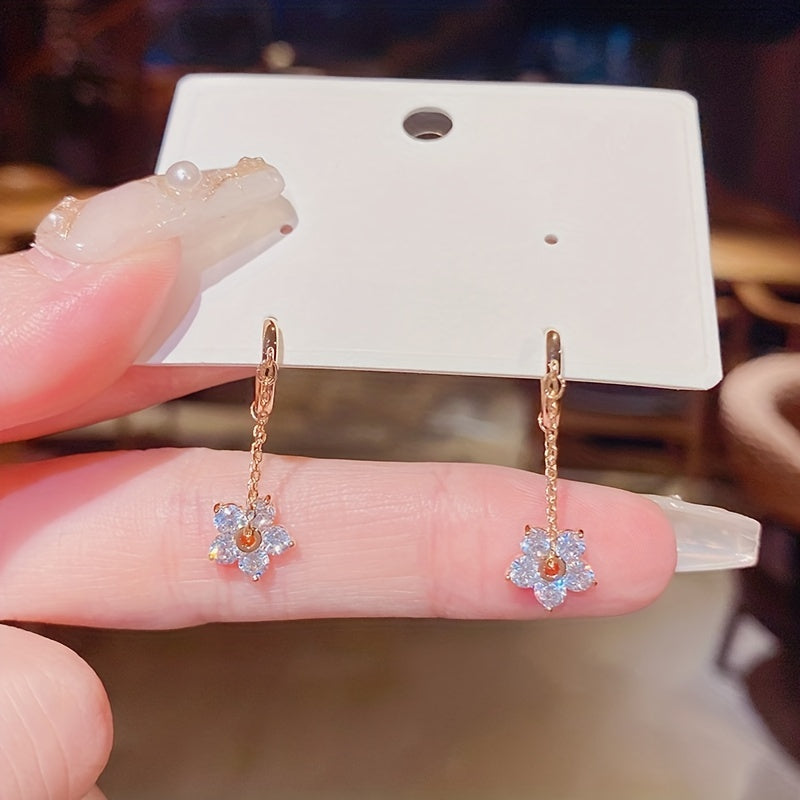 Rhinestone Flower Drop Earrings 18K Plated Hoop Huggie Ear Buckle Decor
