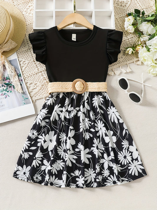 Toddler Girls Butterfly Sleeves Flowers Graphic Belted Princess Dress