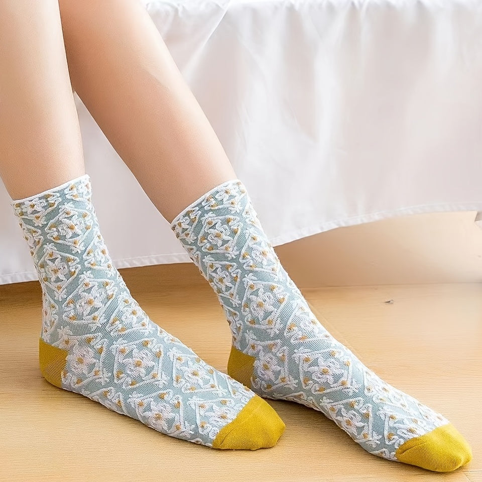 5 Pairs Floral & Geometric 3D Textured Ankle Socks Set
