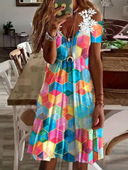  Boho Dress Women's Plus Feather Print Floral Strap Cold Shoulder Dress