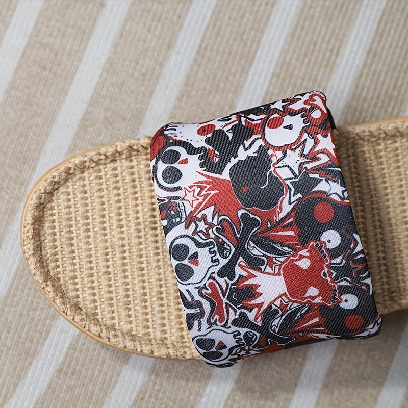 Women's Cartoon Skull Slippers Open Toe Linen Sandals Lightweight Beach Shoes