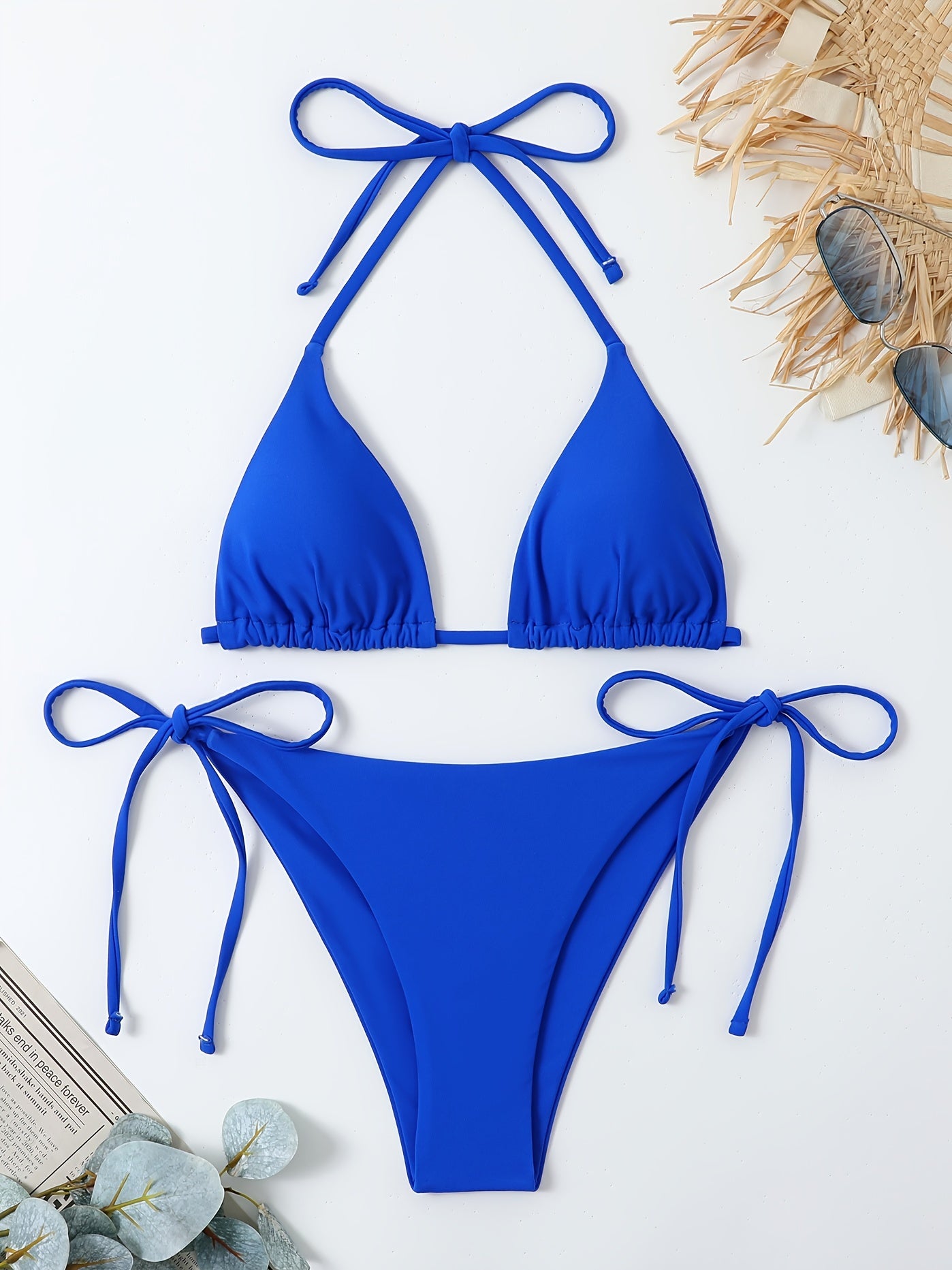 Women's Solid Halter Neck Side Knot Bikini Set Triangle Bottoms