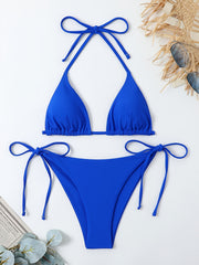 Women's Solid Halter Neck Side Knot Bikini Set Triangle Bottoms