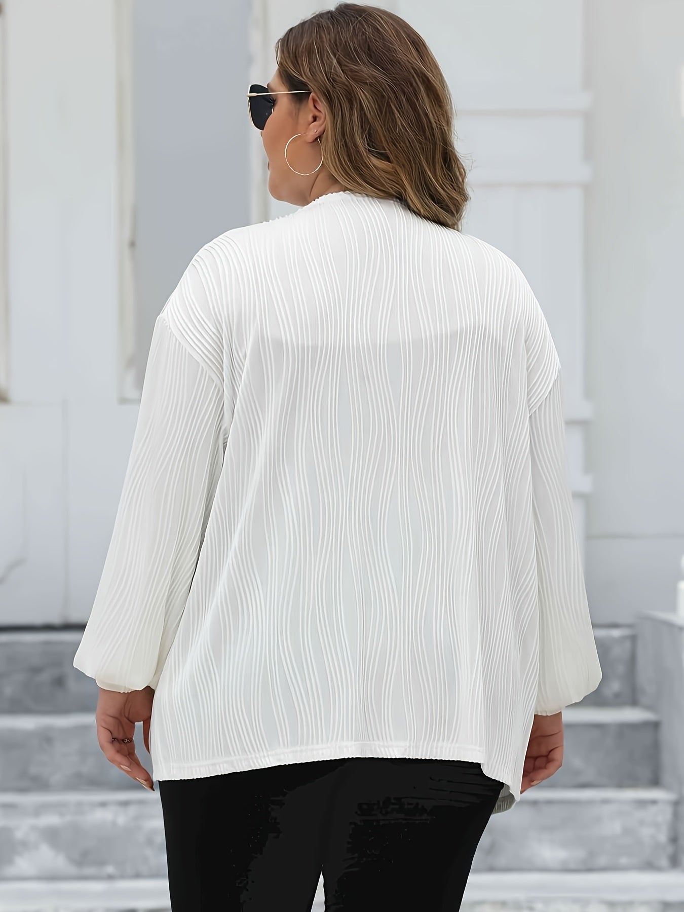  Solid Striped Lantern Sleeve Open Front Cardigan