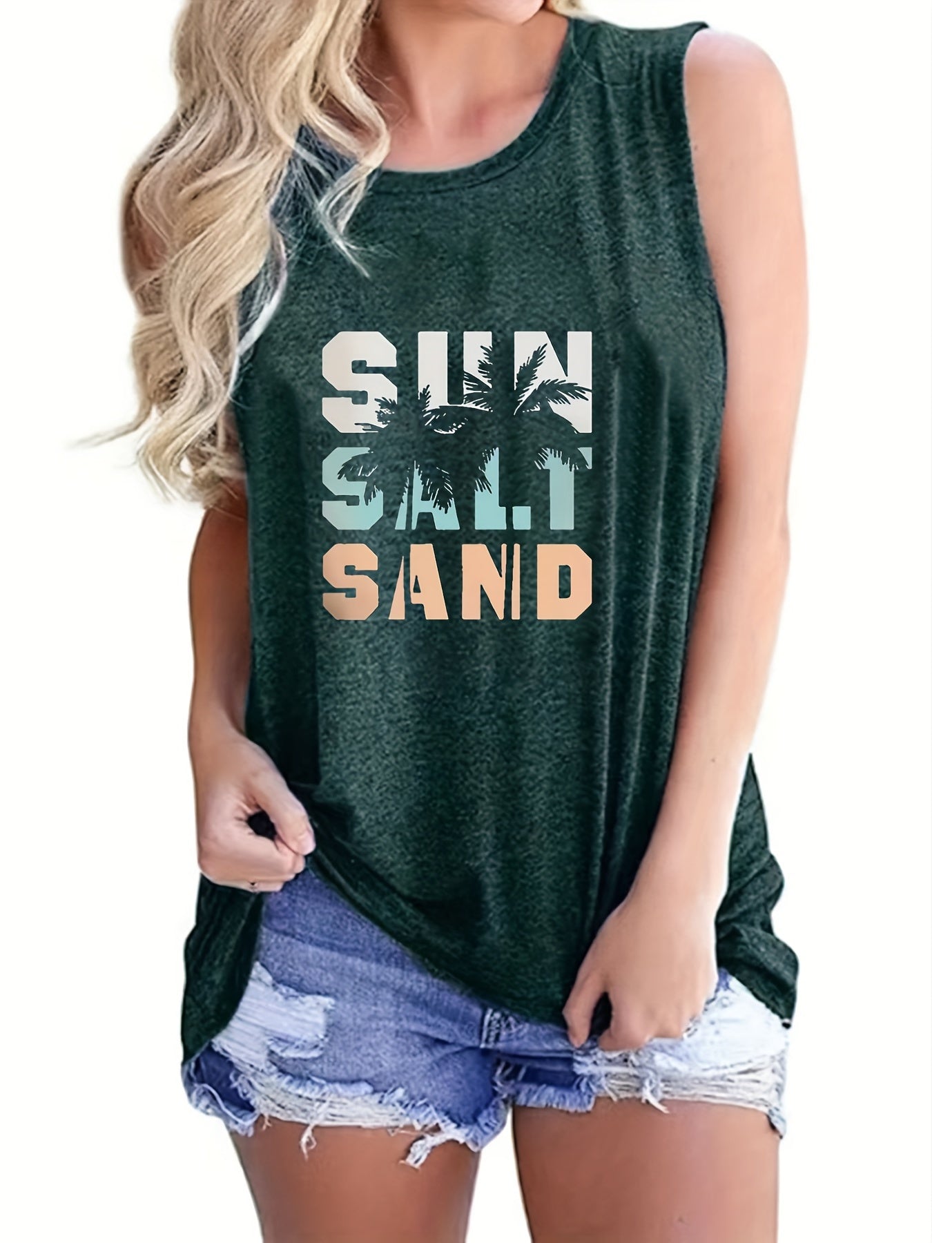 Sun Salt Sand Print Tank Top Sleeveless Crew Neck Beach Tank