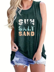 Sun Salt Sand Print Tank Top Sleeveless Crew Neck Beach Tank